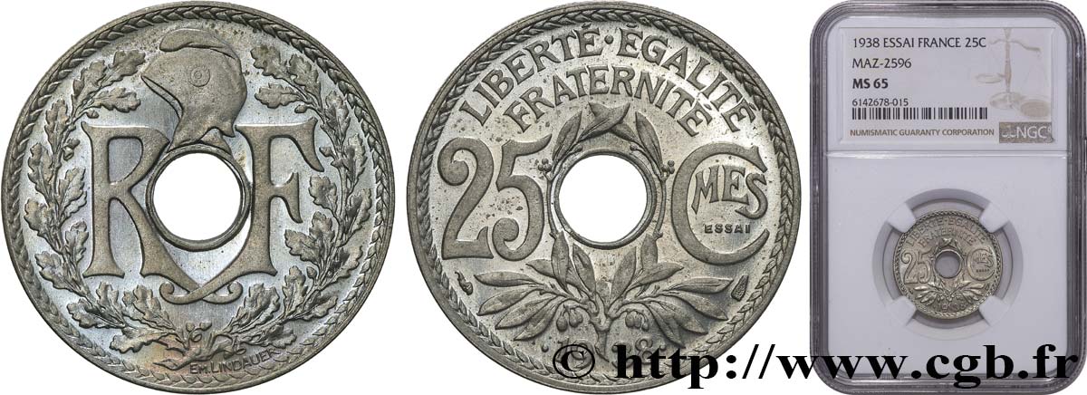 Essai de 25 centimes Lindauer, maillechort 1938 Paris F.172/1 ST65 NGC