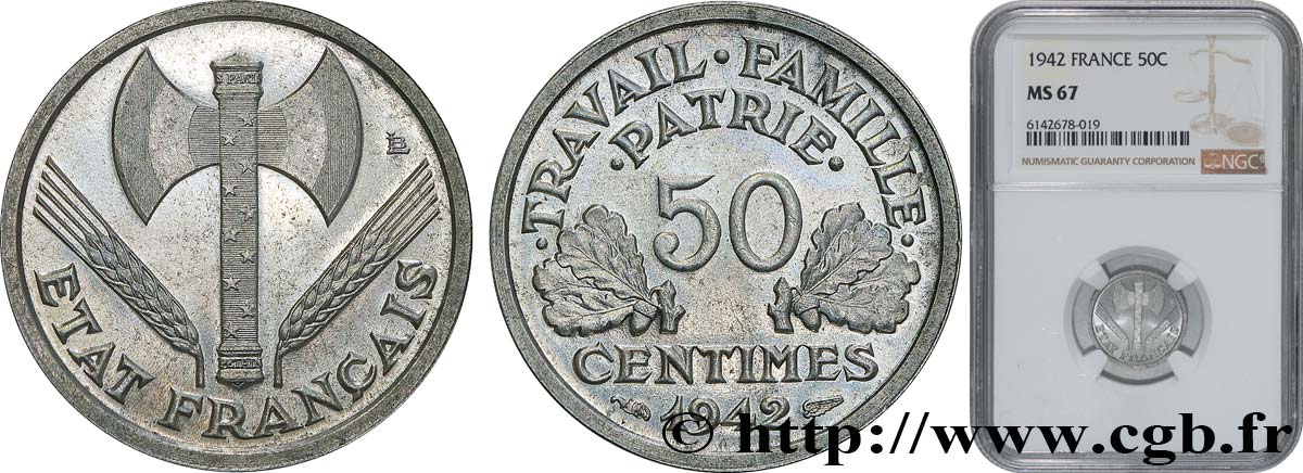 50 centimes Francisque, lourde, premiers exemplaires avec les CROIX 1942 Paris F.195/2 FDC67 NGC