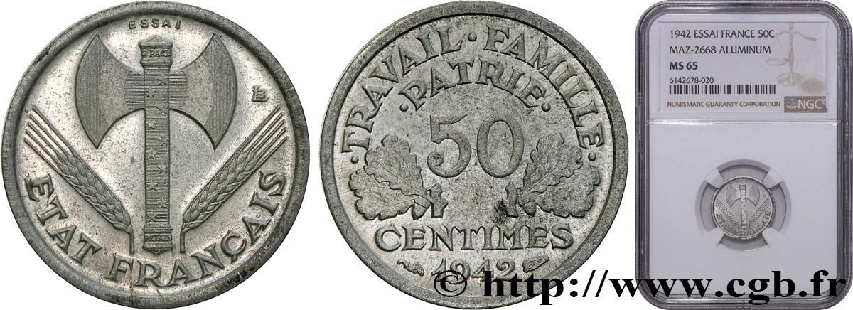 Essai de 50 centimes Francisque, lourde 1942 Paris F.195/1 FDC65 NGC