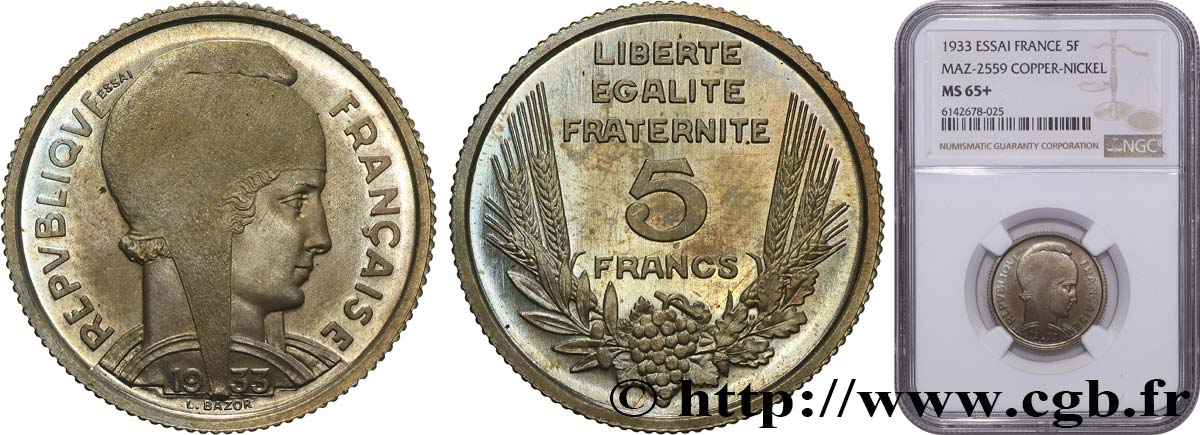 Concours de 5 francs, essai de Bazor en cupro-nickel non magnétique, poids standard 1933 Paris GEM.134 10 FDC65 NGC