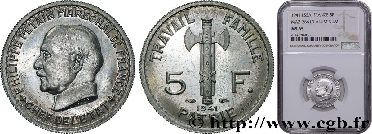 Essai de 5 francs Pétain en aluminium, 3e projet de Bazor (type adopté) 1941 Paris GEM.142 62 MS65 NGC