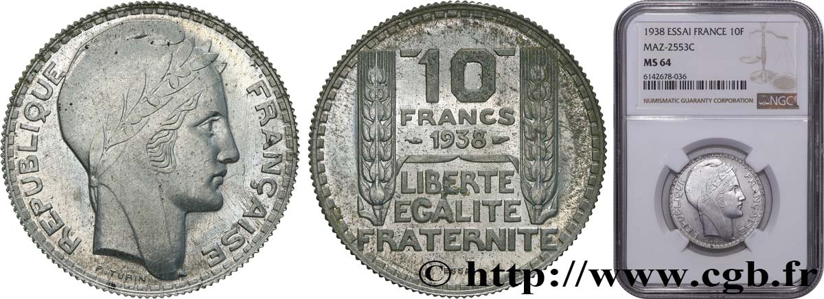 Préparation de la 10 francs Pétain, type Turin, essai en aluminium, tranche striée, lourd 1938 Paris GEM.173 4 var. MS64 NGC