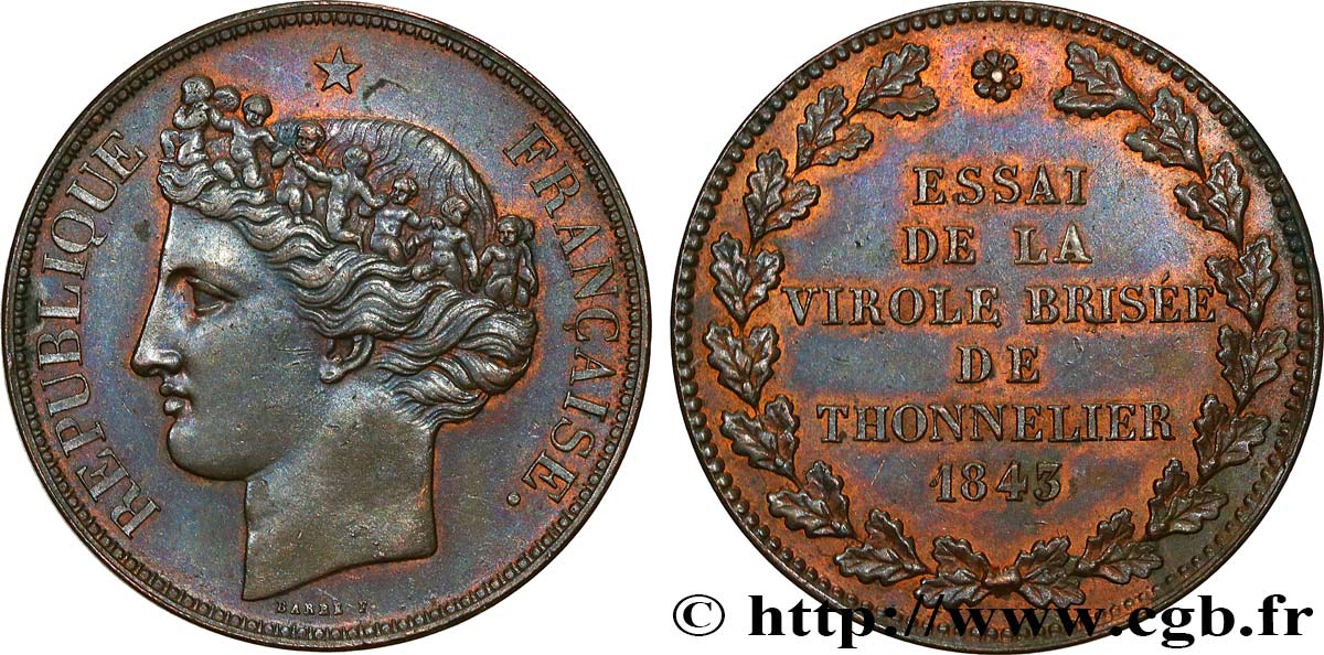 Module de 5 francs par Barre - Essai de la virole brisée 1843  VG.3098  AU 
