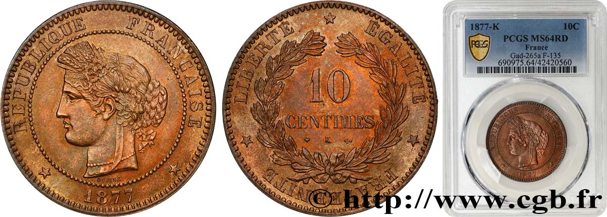 10 centimes Cérès 1877 Bordeaux F.135/19 MS64 PCGS