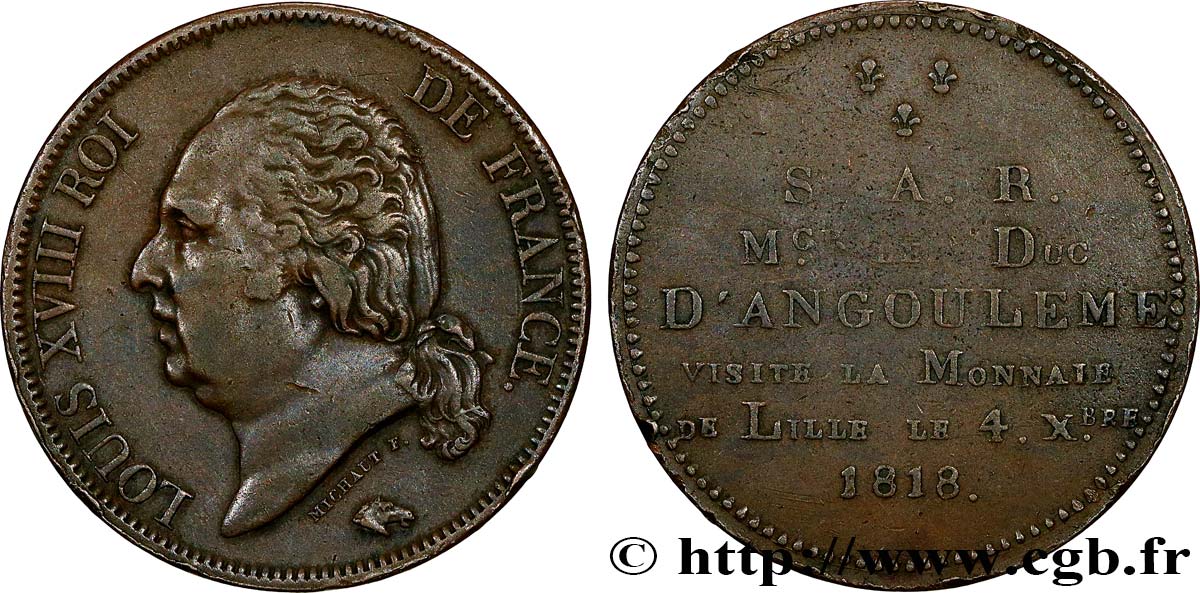 Monnaie de visite, module de 5 francs, pour le Duc  d’Angoulême à la Monnaie de Lille 1818  VG./  MBC 