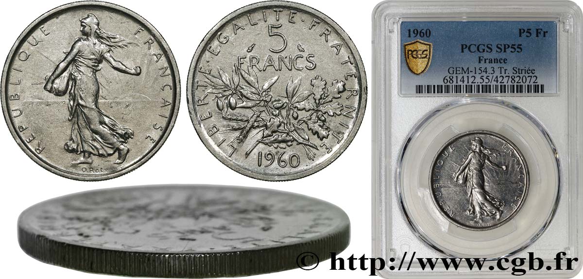 Pré-série en Nickel de 5 francs Semeuse, tranche striée 1960 Paris GEM.154 3 AU55 PCGS