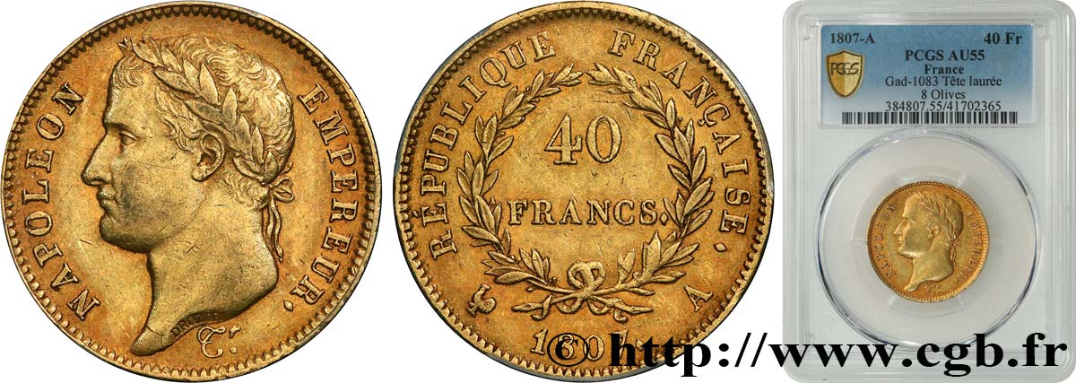 40 francs Napoléon Ier tête laurée, République française 1807 Paris F.540/1 AU55 PCGS