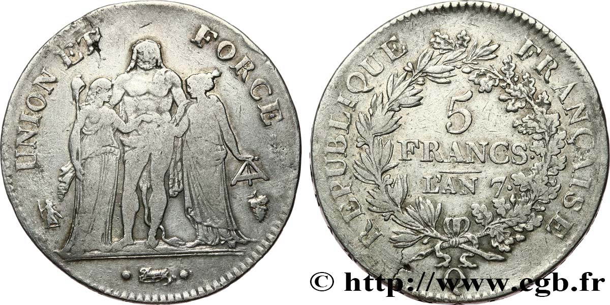 5 francs Union et Force, Union serré, avec glands intérieurs et gland extérieur 1799 Perpignan F.288/120 MB30 