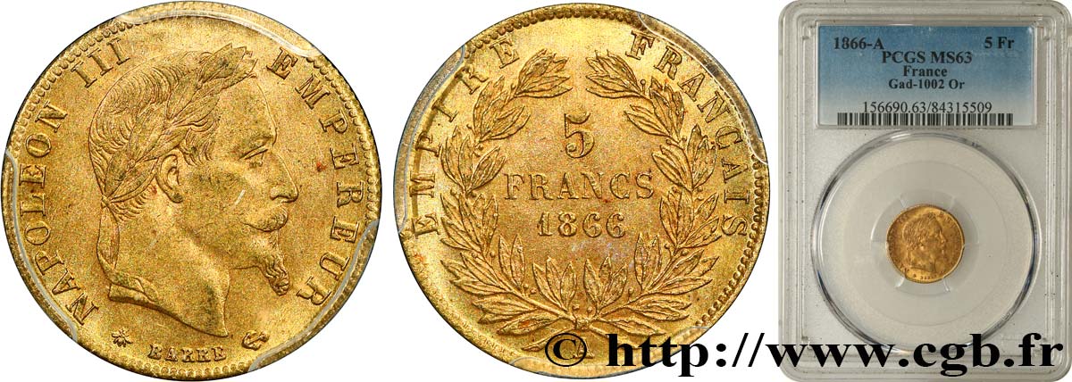 5 francs or Napoléon III, tête laurée 1866 Paris F.502/9 fST63 PCGS
