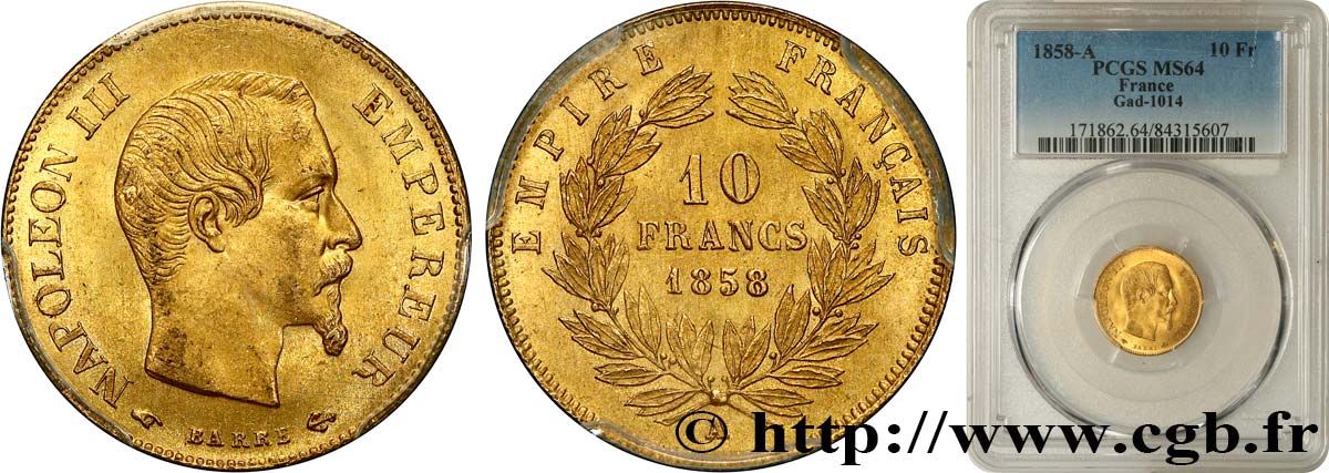 10 francs or Napoléon III, tête nue 1858 Paris F.506/5 SC64 PCGS