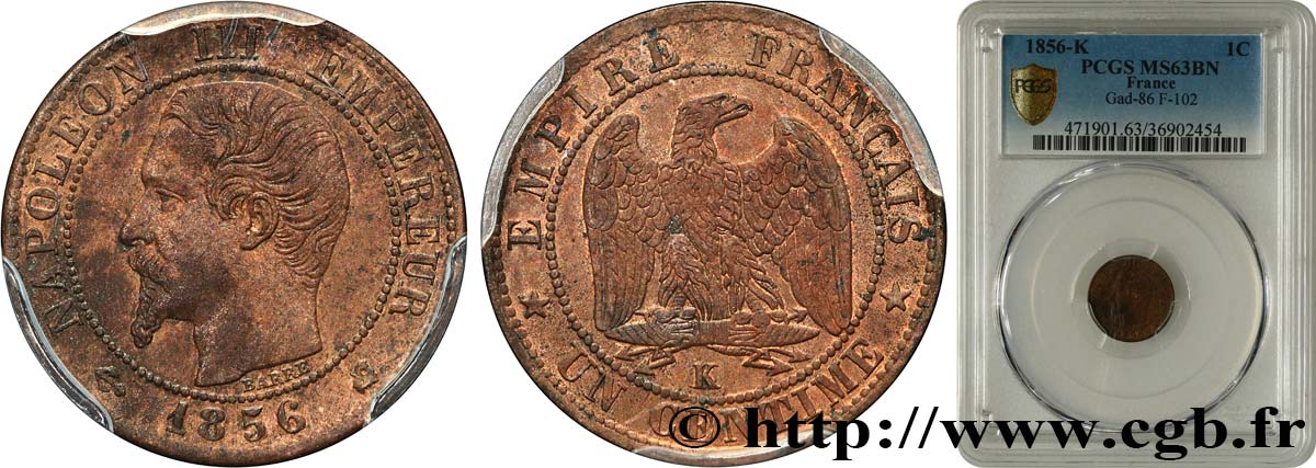 Un centime Napoléon III, tête nue 1856 Bordeaux F.102/30 MS63 PCGS