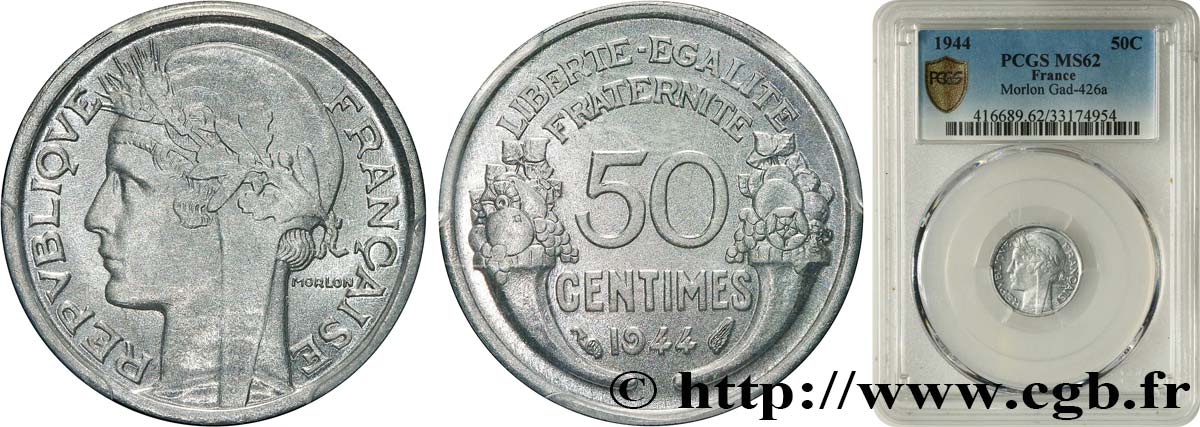 50 centimes Morlon, légère 1944  F.194/3 SPL62 PCGS