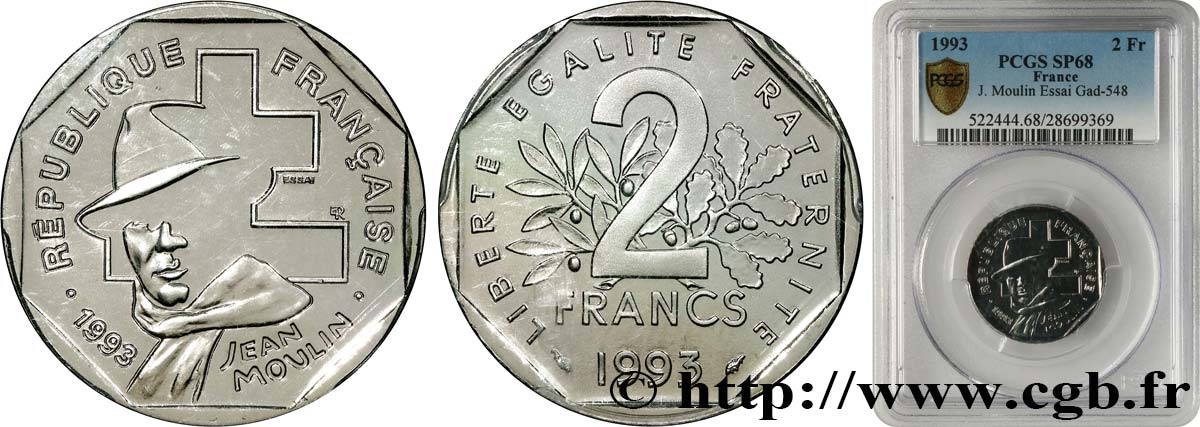 Essai de 2 francs Jean Moulin 1993 F.273/1 MS68 PCGS