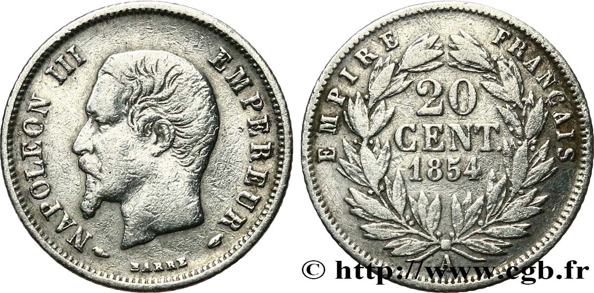20 centimes Napoléon III, tête nue 1854 Paris F.148/2 q.BB