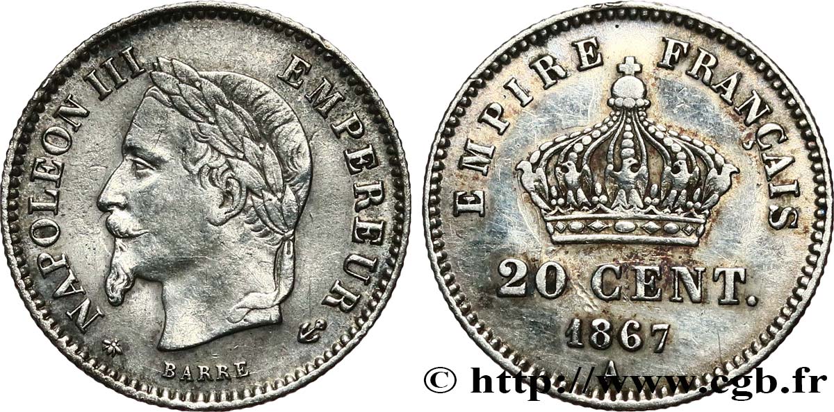 20 centimes Napoléon III, tête laurée, grand module 1867 Paris F.150/1 BB