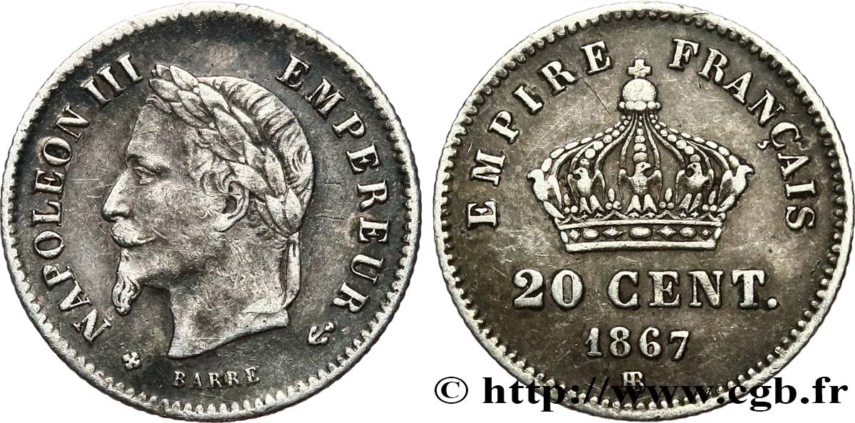 20 centimes Napoléon III, tête laurée, grand module 1867 Strasbourg F.150/2 q.BB