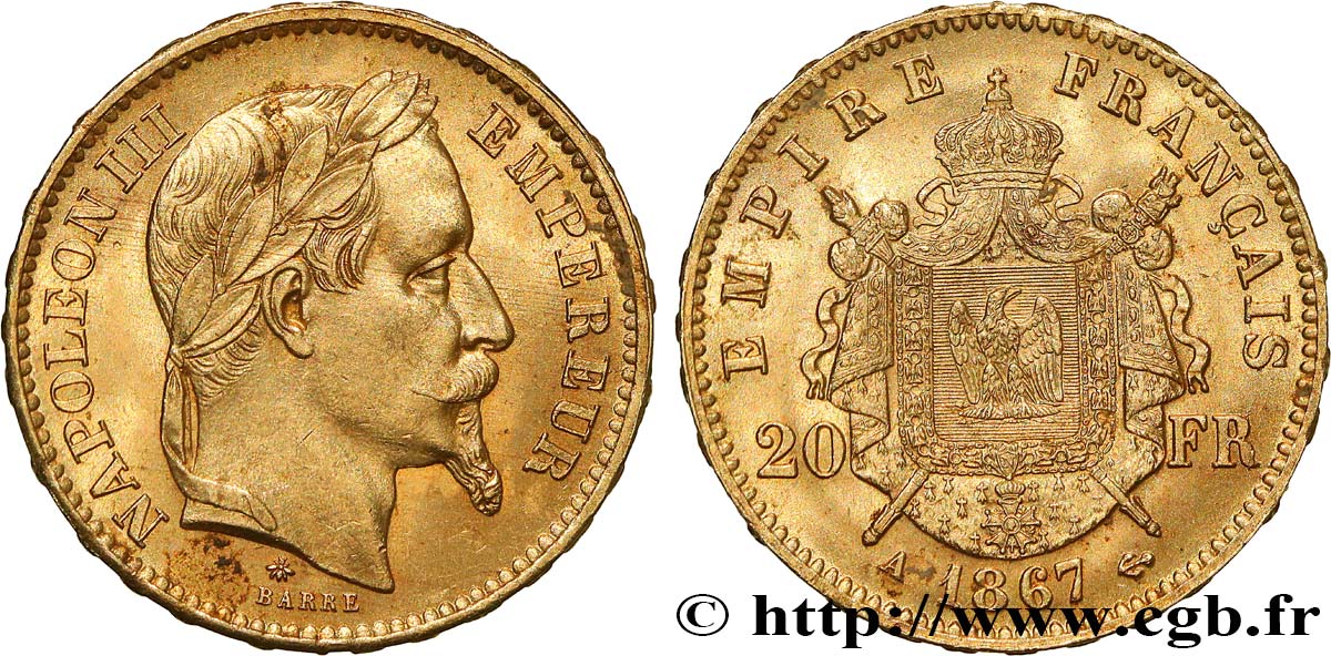 20 francs or Napoléon III, tête laurée 1867 Paris F.532/15 SUP