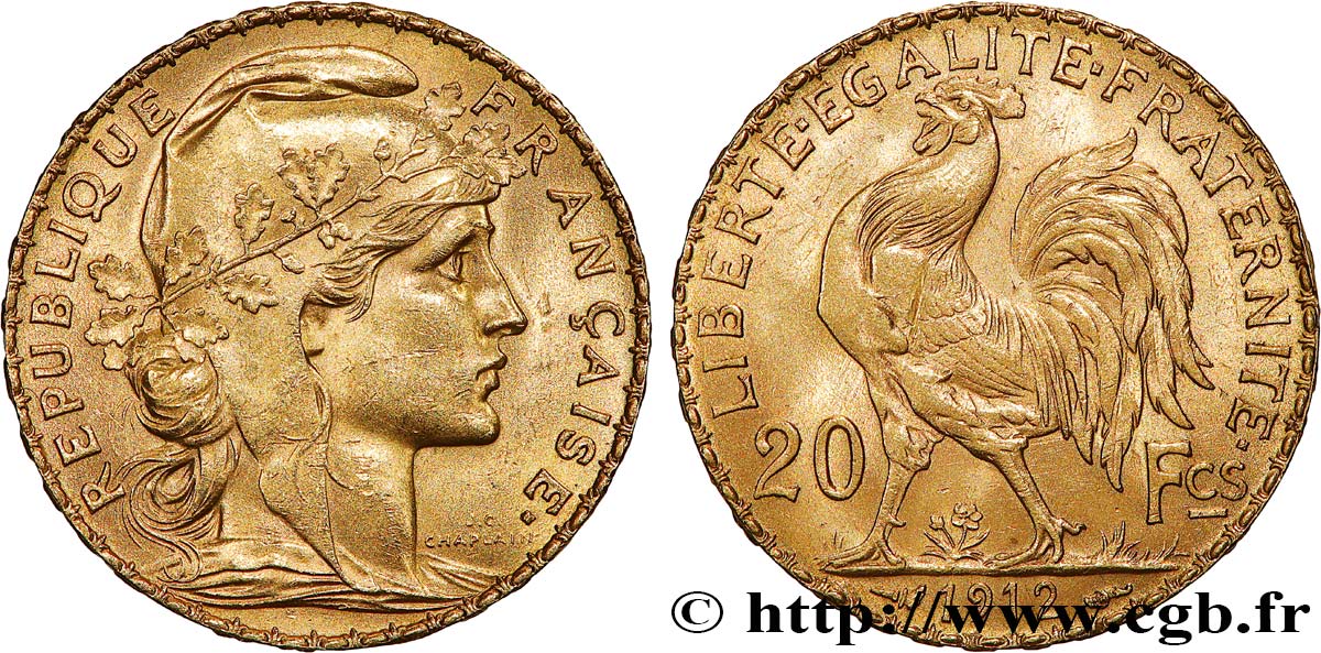 20 francs or Coq, Liberté Égalité Fraternité 1912 Paris F.535/6 SUP