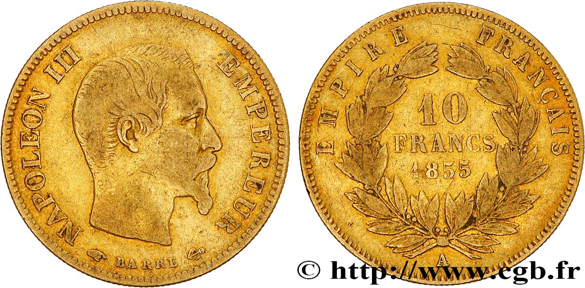10 francs or Napoléon III, tête nue 1855 Paris F.506/1 MB