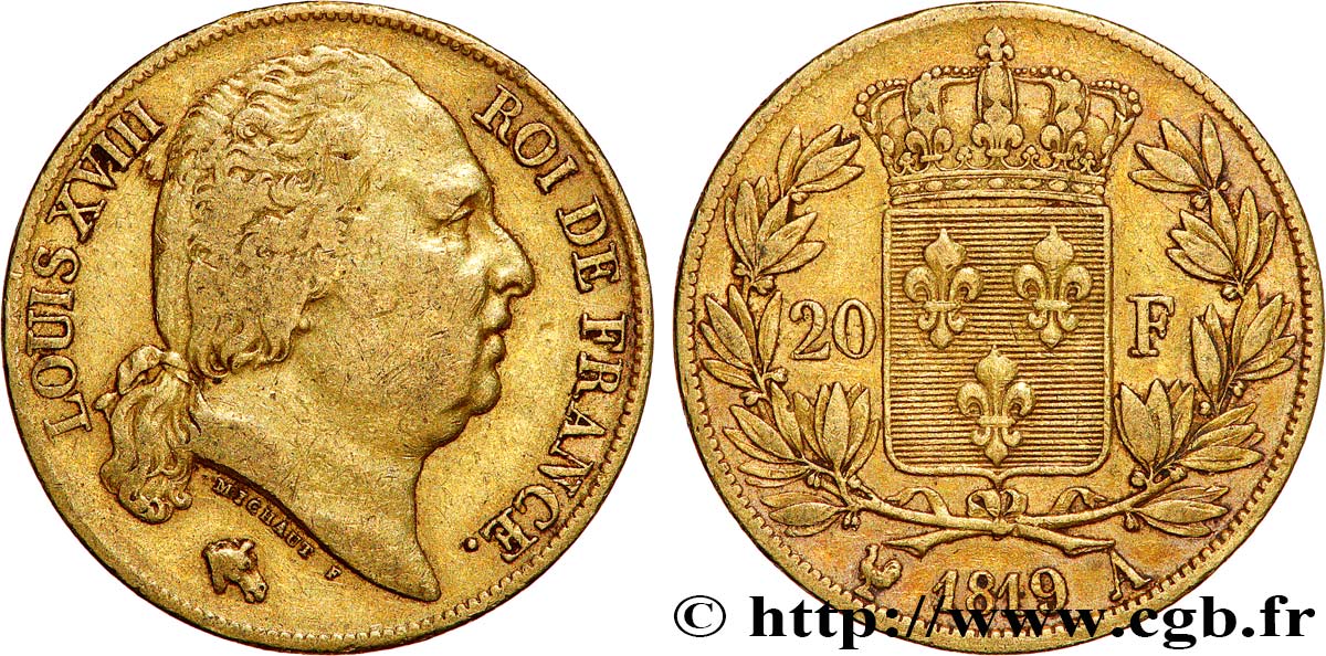 20 francs or Louis XVIII, tête nue 1819 Paris F.519/15 TB35