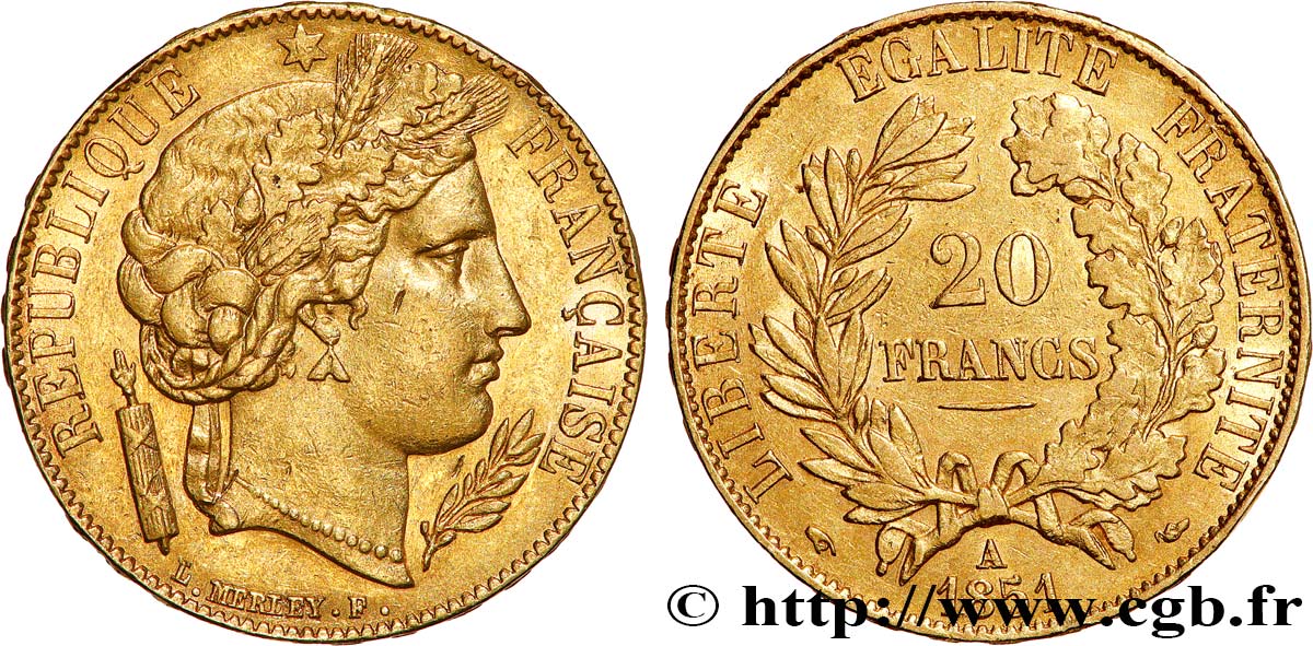 20 francs or Cérès 1851 Paris F.529/4 MBC+