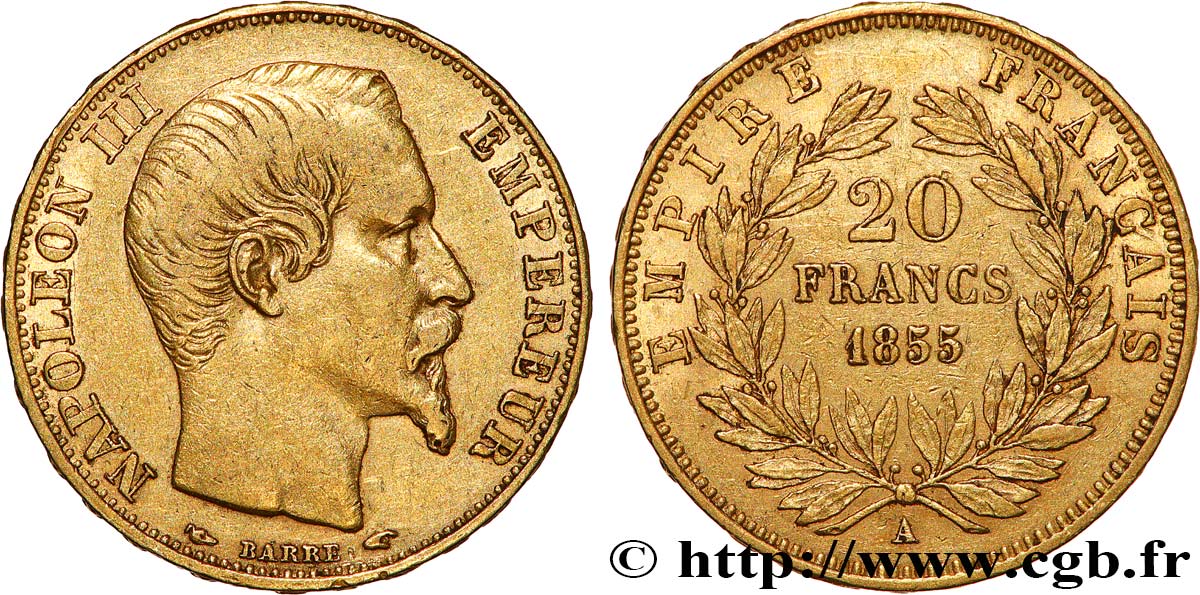 20 francs or Napoléon III, tête nue 1855 Paris F.531/3 q.BB