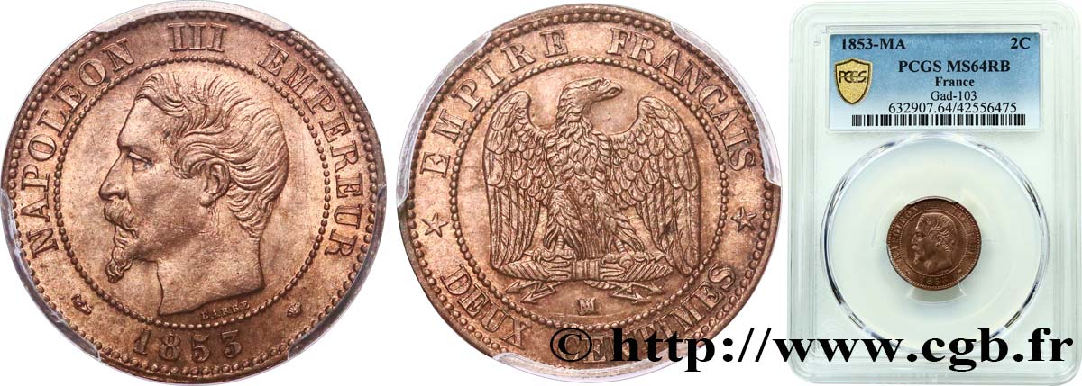 Deux centimes Napoléon III, tête nue 1853 Marseille F.107/7 MS64 PCGS