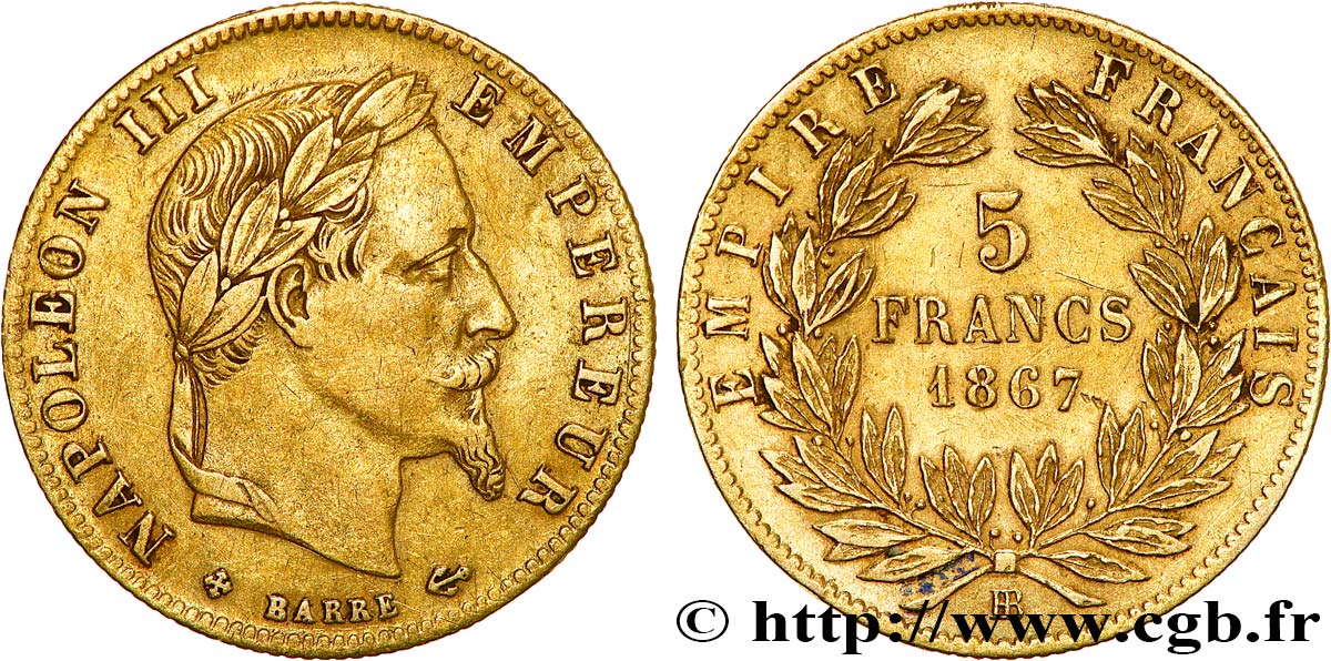 5 francs or Napoléon III, tête laurée 1867 Strasbourg F.502/12 BB