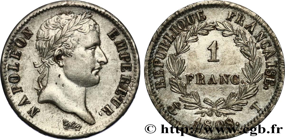 1 franc Napoléon Ier tête laurée, République française 1808 Nantes F.204/13 AU 
