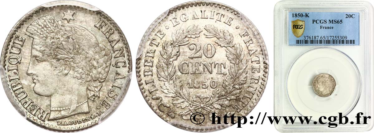 20 centimes Cérès, IIe République 1850 Bordeaux F.146/5 MS65 PCGS