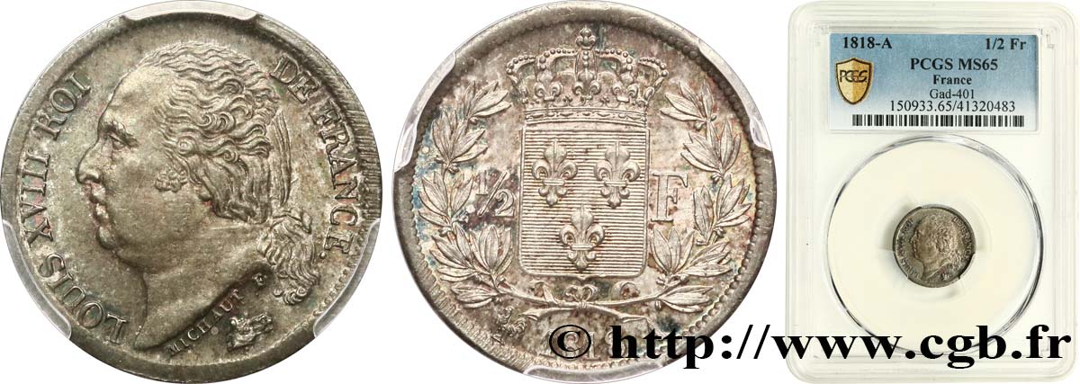 1/2 franc Louis XVIII 1818 Paris F.179/15 ST65 PCGS