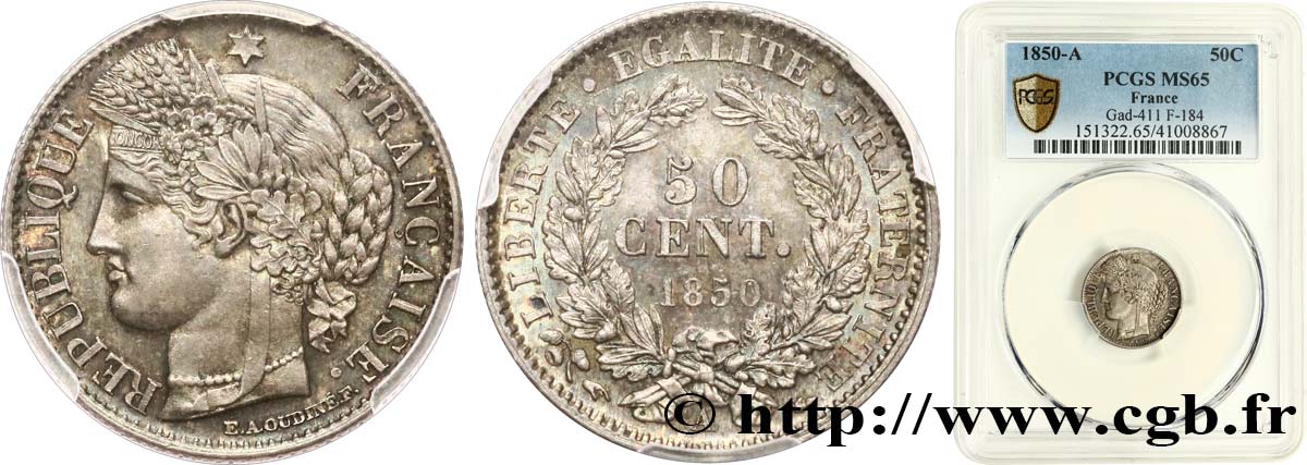 50 centimes Cérès, IIe République 1850 Paris F.184/2 ST65 PCGS