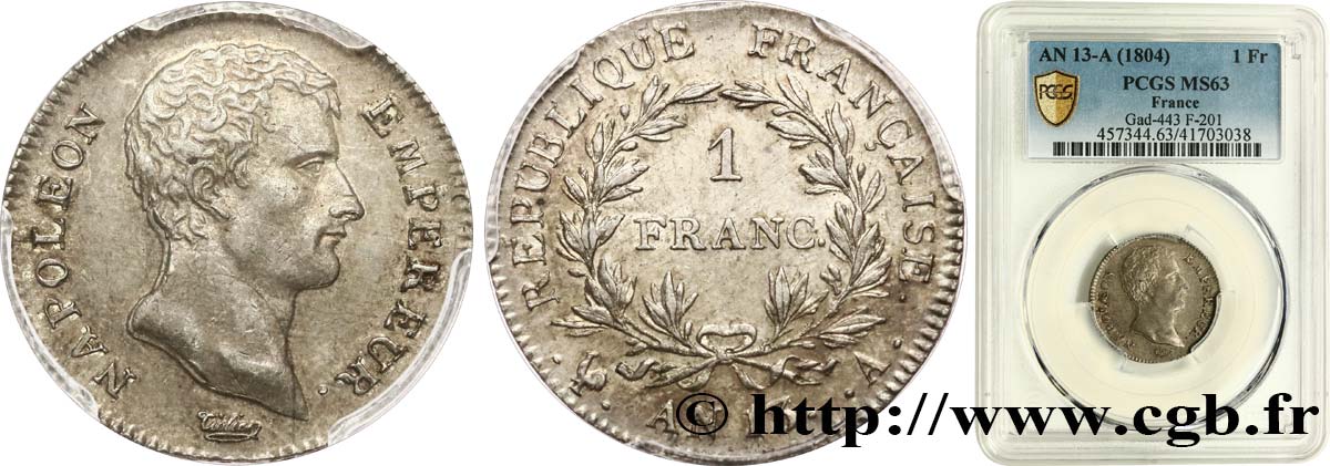 1 franc Napoléon Empereur, Calendrier révolutionnaire 1805 Paris F.201/14 SC63 PCGS