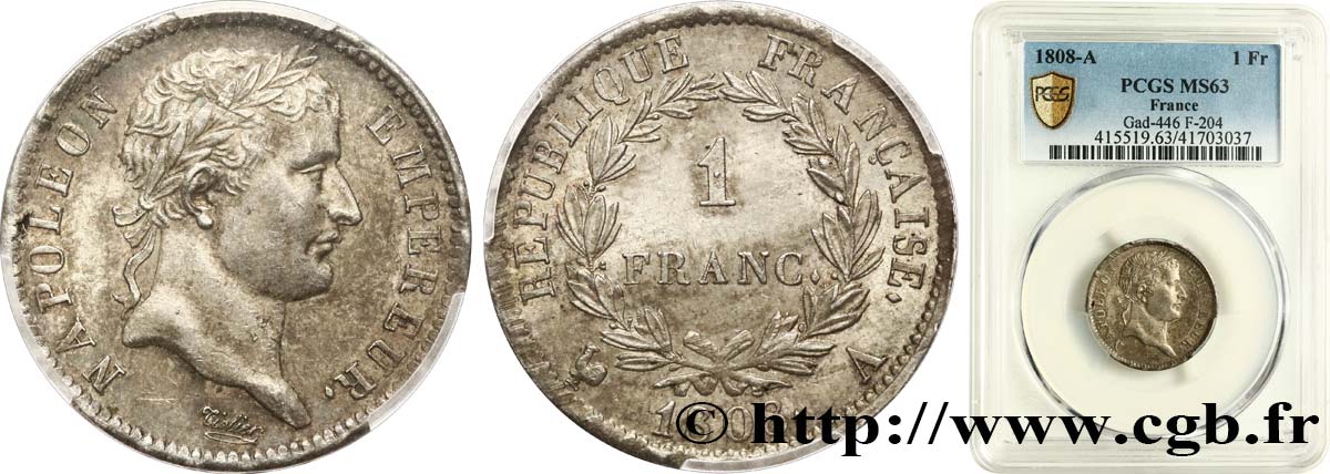 1 franc Napoléon Ier tête laurée, République française 1808 Paris F.204/2 MS63 PCGS