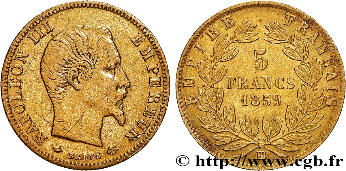 5 francs or Napoléon III, tête nue, grand module 1859 Strasbourg F.501/8 q.BB