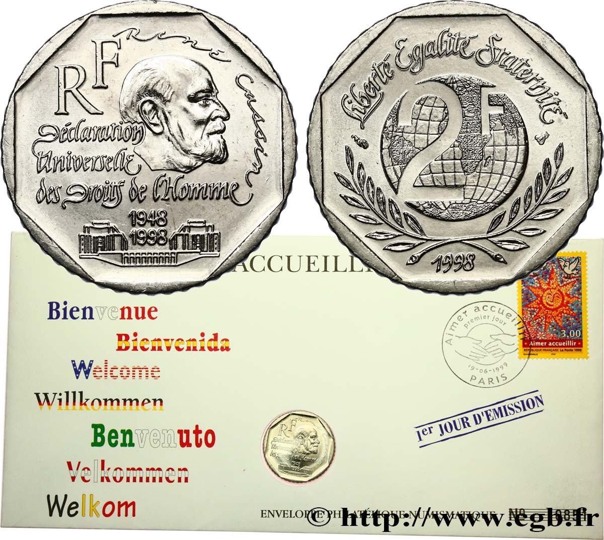 2 francs René Cassin, avec enveloppe philatélique 1er Jour 1998  F.276/2 MS 