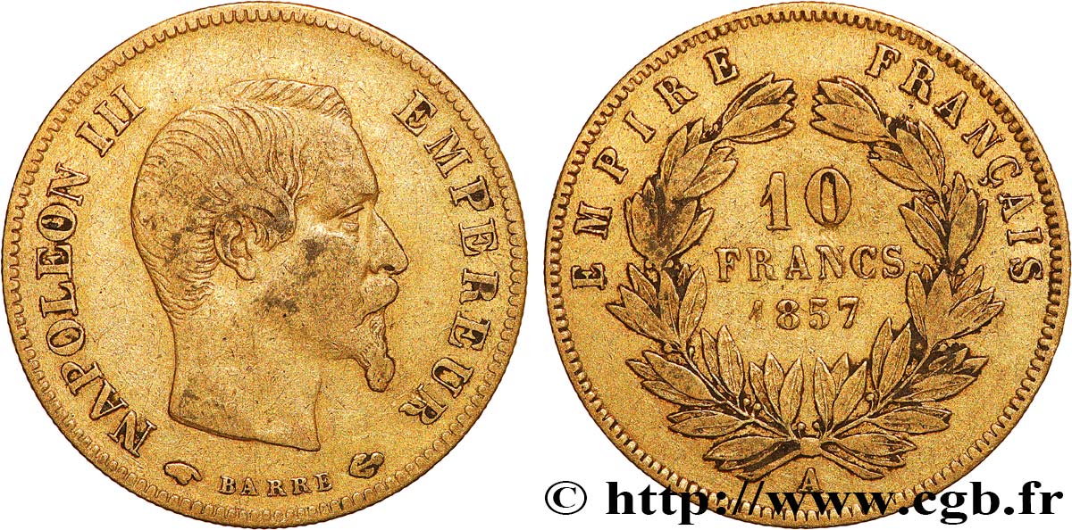 10 francs or Napoléon III, tête nue 1857 Paris F.506/4 q.BB