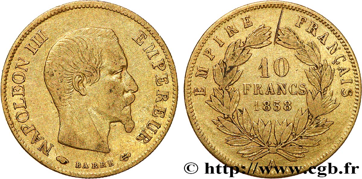 10 francs or Napoléon III, tête nue, grand module 1858 Paris F.506/5 MB