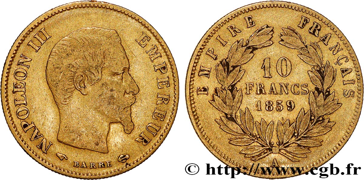 10 francs or Napoléon III, tête nue 1859 Paris F.506/7 MB