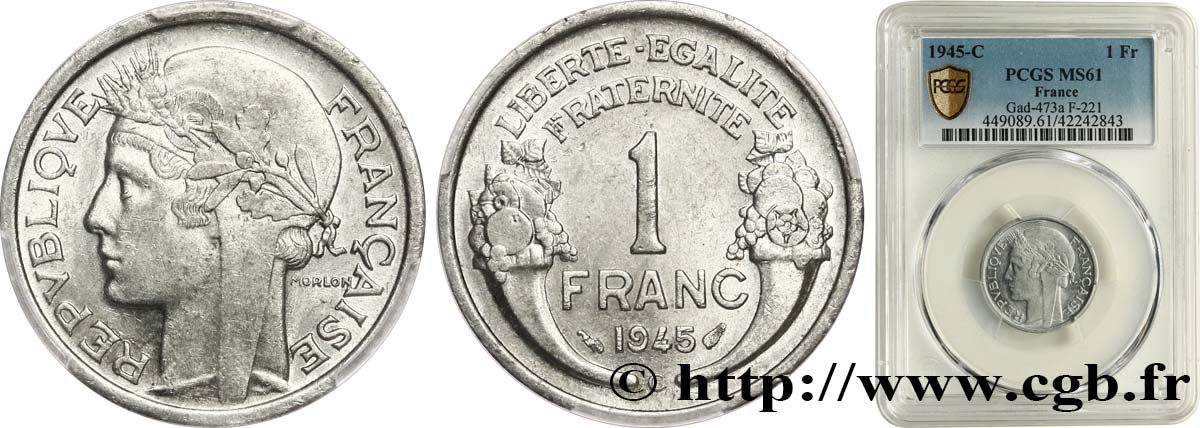 1 franc Morlon, légère 1945 Castelsarrasin F.221/8 SPL61 PCGS