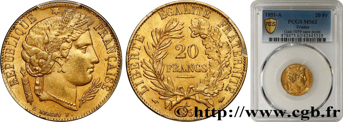 20 francs or Cérès 1851 Paris F.529/5 SUP62 PCGS