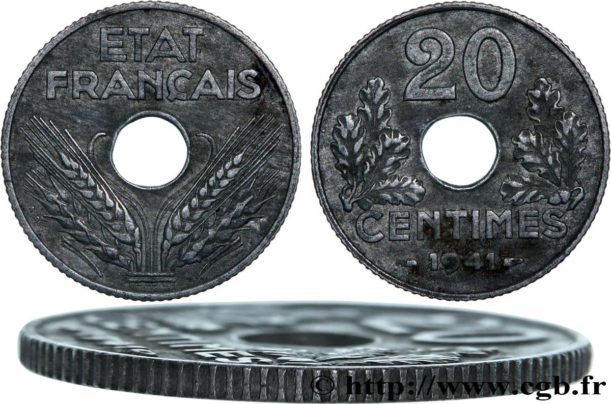 20 centimes État français, cannelures larges 1941  F.153/3 XF45 