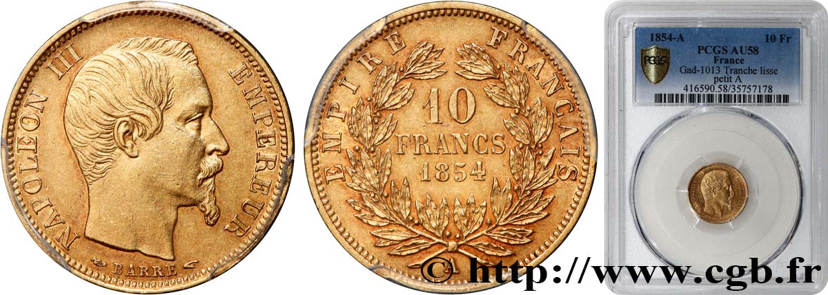 10 francs or Napoléon III, tête nue, petit module, tranche lisse 1854 Paris F.505/1 AU58 PCGS
