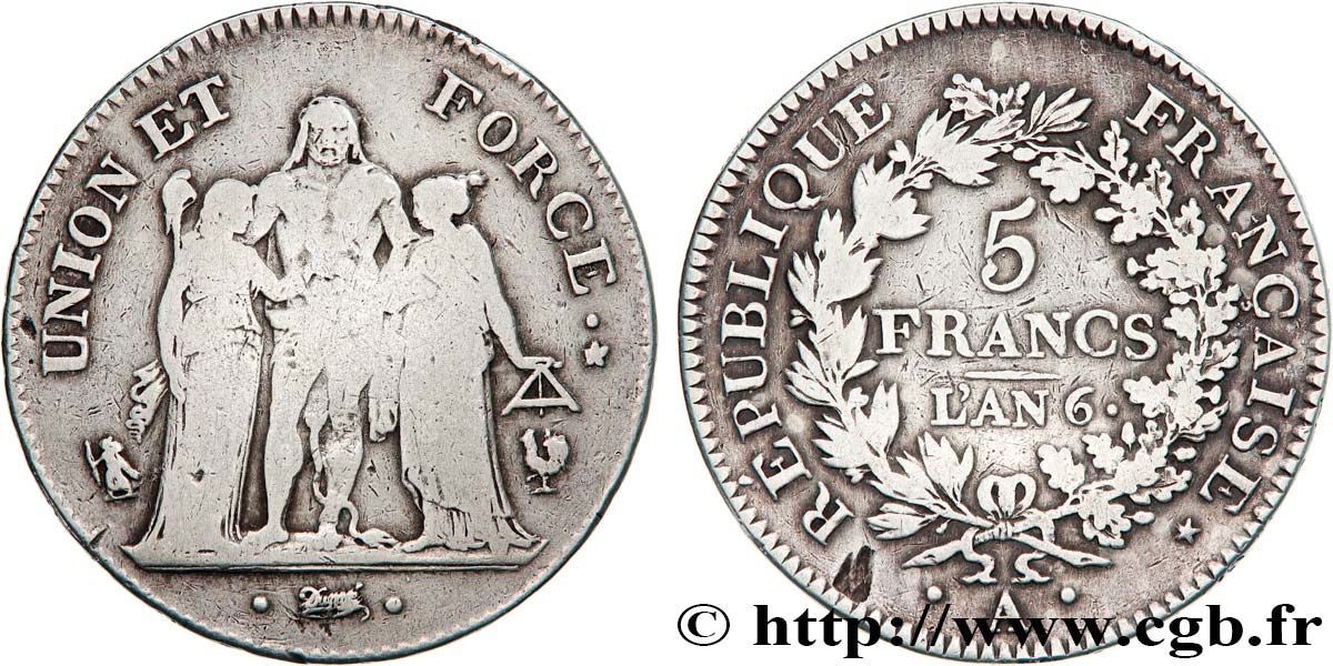 5 francs Union et Force, Union serré, gland intérieur haut, gland extérieur, petite feuille 1798 Paris F.288/35 TB