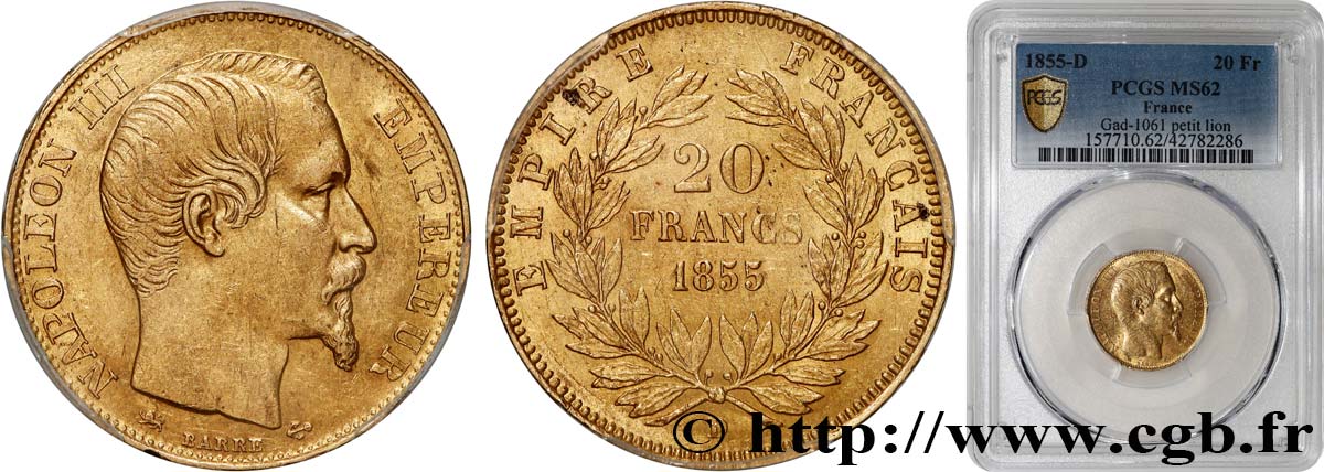20 francs or Napoléon III, tête nue 1855 Lyon F.531/7 SPL62 PCGS