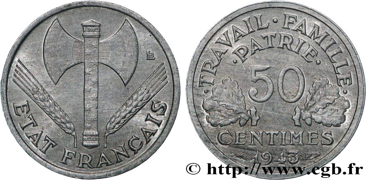 50 centimes Francisque, légère 1943 F.196/2 SUP62