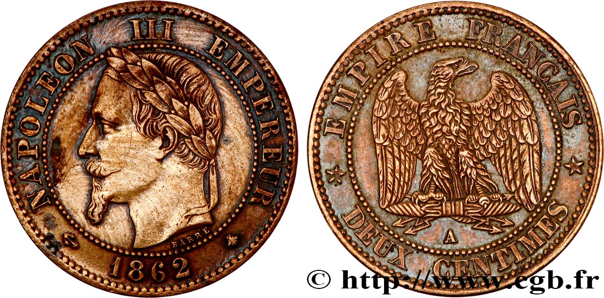 Deux centimes Napoléon III tête laurée buste définitif 1862 Paris F