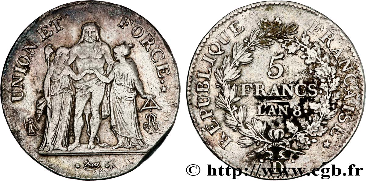 5 francs Union et Force, Union serré, avec glands intérieurs et gland extérieur 1800 Lyon F.288/131 BB45 