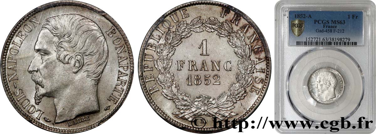 1 franc Louis-Napoléon 1852 Paris F.212/1 fST63 PCGS