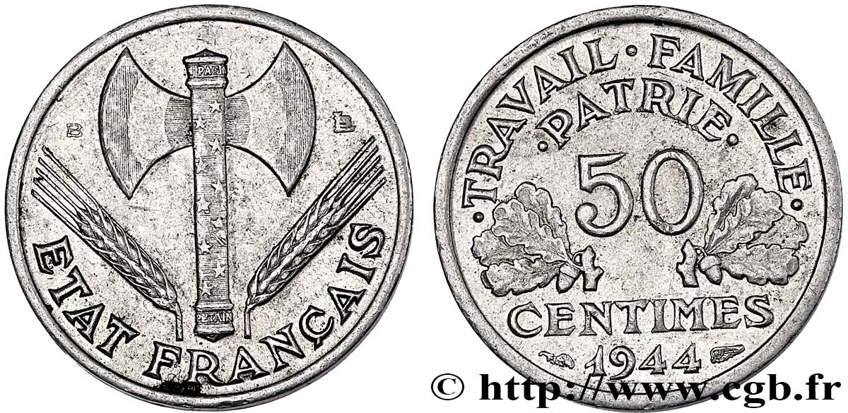 50 centimes Francisque, légère 1944 Beaumont-Le-Roger F.196/5 MBC50